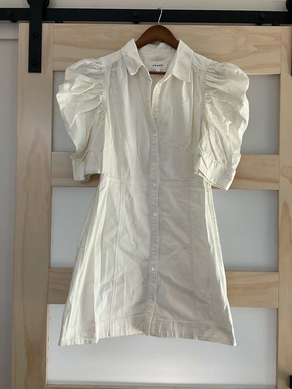 FRAME Gillian Puff Sleeve Shirt Dress Ecru White Cotton NWT Large